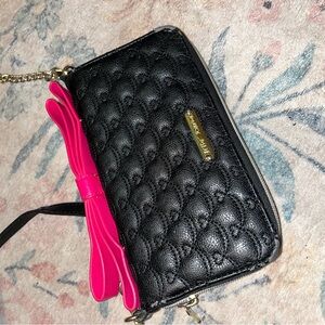 Betsey Johnson Black Quilted Clutch with Pink Bow